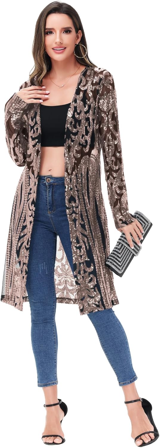 Anna-Kaci Women's Sparkly Sequin Cardigan Long Sleeve Open Front Glitter Kimono - Image 4