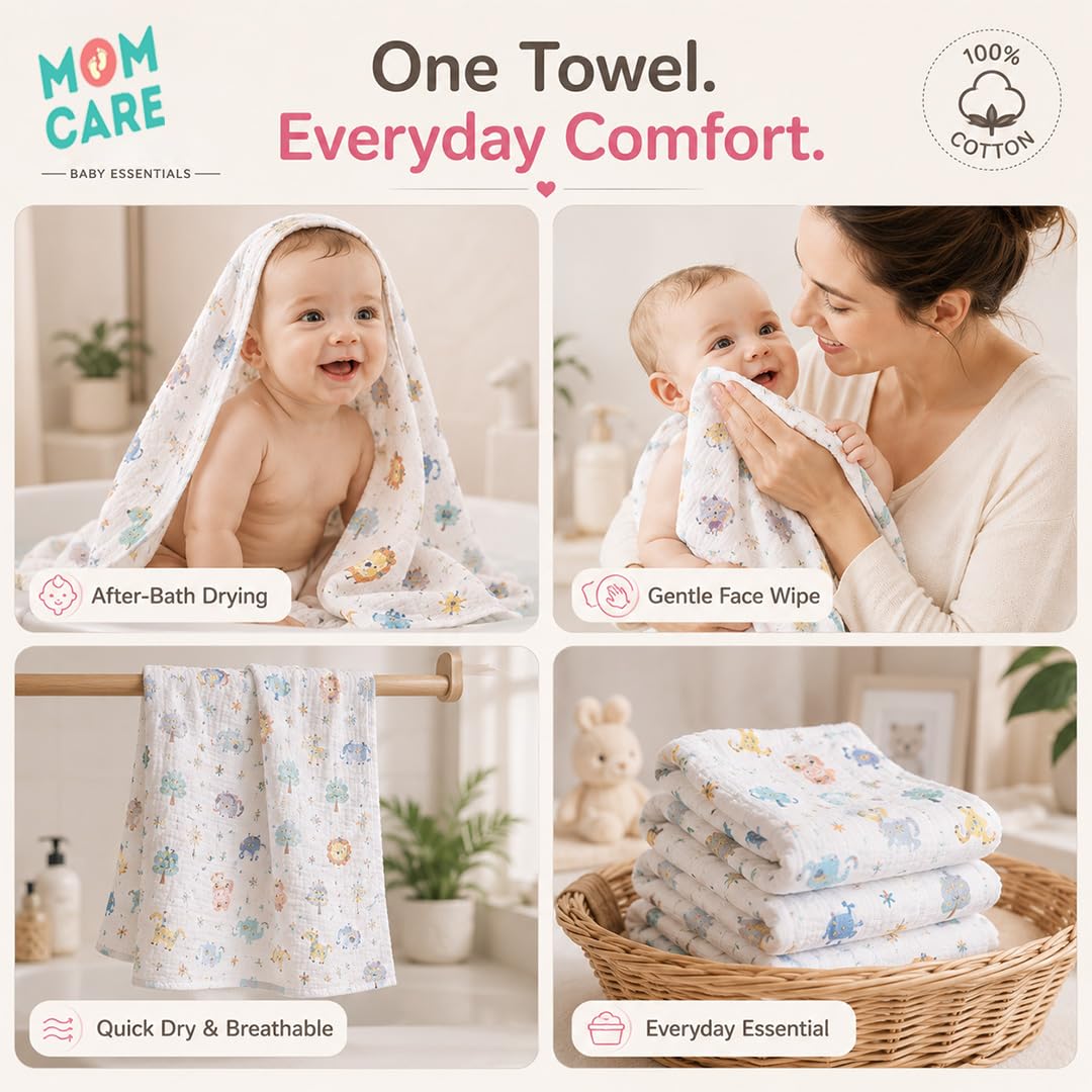 MOM CARE Baby Napkins for New Born | 6 Layer Muslin Baby Burping Cloth for New Born | Ultra Soft Reusable Cotton Face Towel | Highlys Absorbent Washcloth Feeding Wipes for Babies | Pack of 3 2