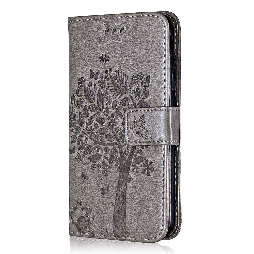 Conber Cover per Samsung Galaxy A71, Custodia in Pelle PU con Interno TPU Antiurto, Serie Gatto e Albero Flip Case Cover Custodia Portafoglio per Samsung Galaxy A71 - Grigio