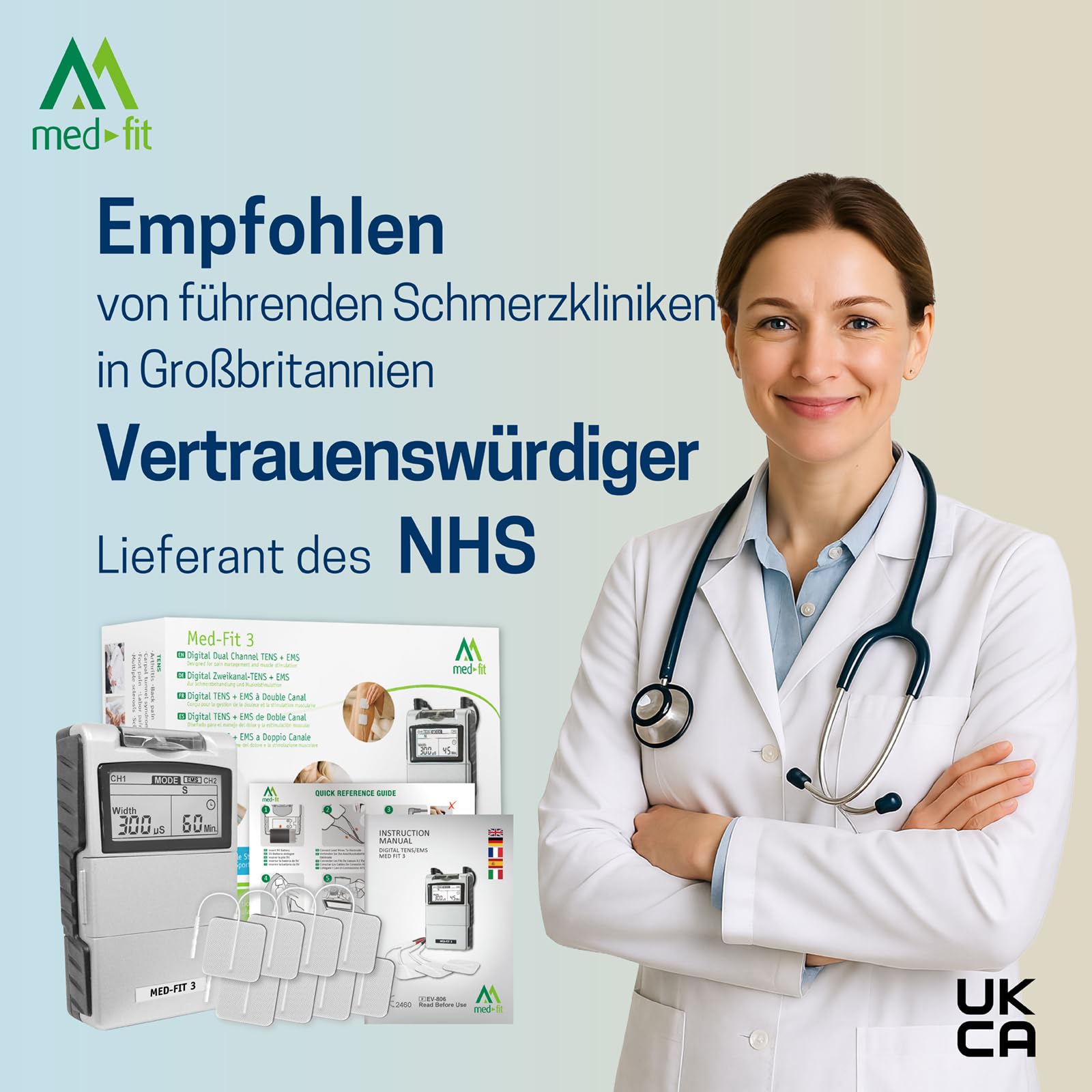 Med-Fit 3 TENS Gerät Schmerztherapie & EMS Muskelstimulator 2 Kanal - Medizinprodukt Klasse IIa Reizstromgerät für Rückenschmerzen, Ischias, Arthrose, Nacken, Schulter & Muskelaufbau