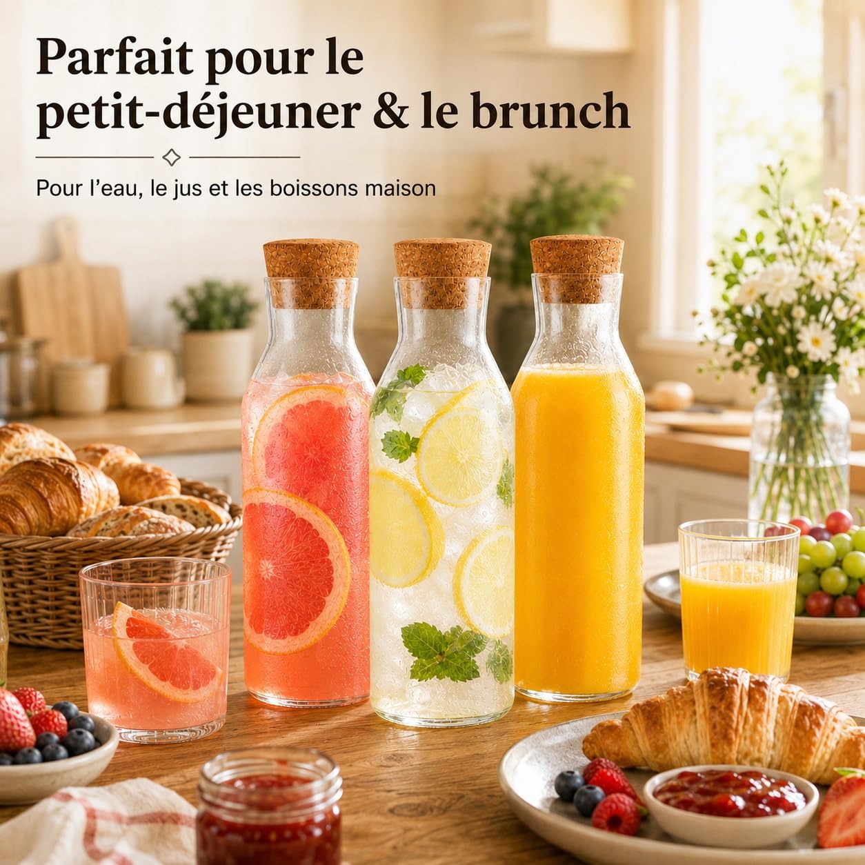 YAYODS Lot de 4 Carafe en Verre avec Bouchon en Liège 1,2L, Pichet en Verre Borosilicate pour Mimosa Bar, Jus, Bouteille d'Eau Élégante pour Réception, Fête, Mariage et Réfrigérateur