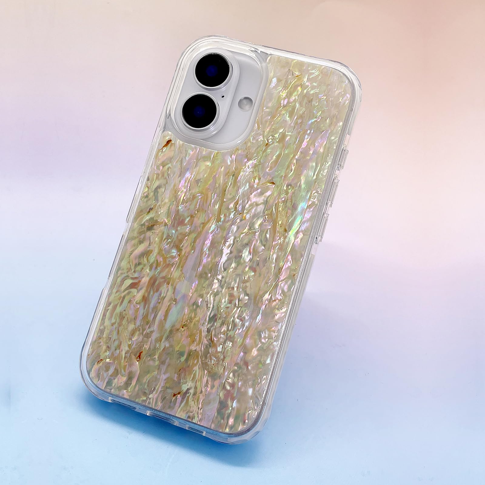 Funda magnética para iPhone 16 de 6.1 pulgadas, compatible con MagSafe Charging Bling Shiny Real Seashell Pattern Protective Cute Cover (perla translúcida iridiscente)