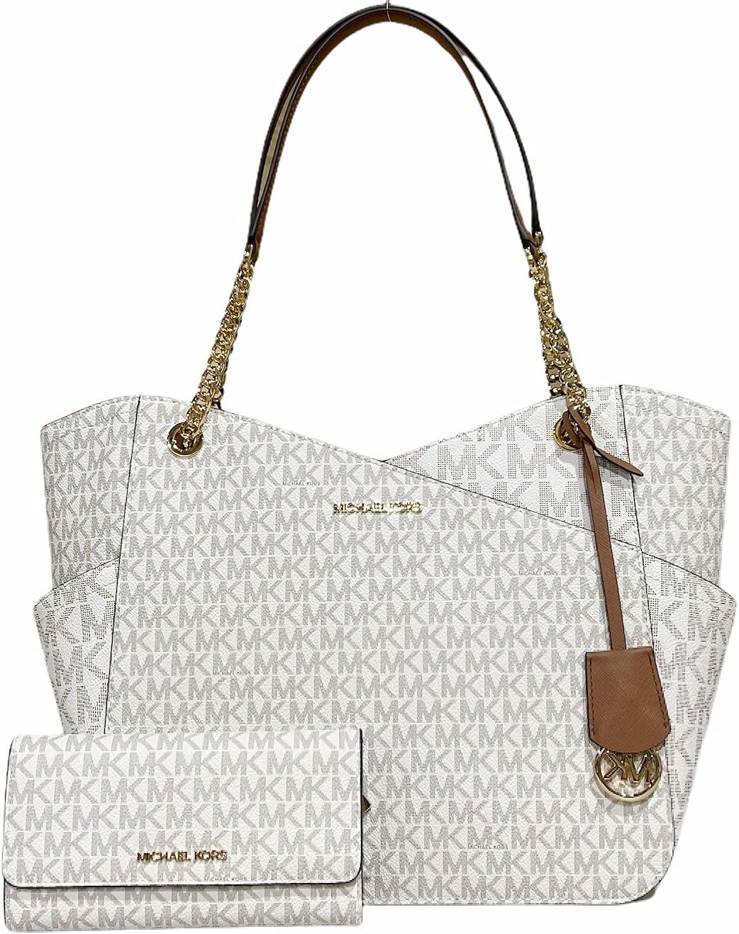 Michael Kors Jet Set Travel Large Chain Shoulder Tote bundled with Trifold Wallet (Vanilla MK 2021)