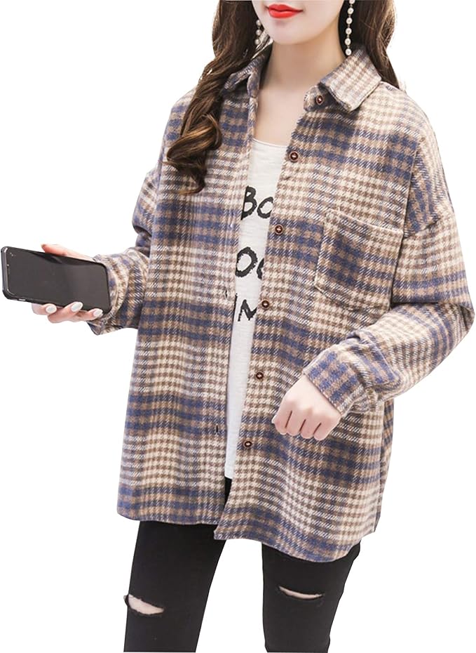 Hixiaohe Women's Plaid Wool Blend Shirt Jacket Casual Long Sleeve