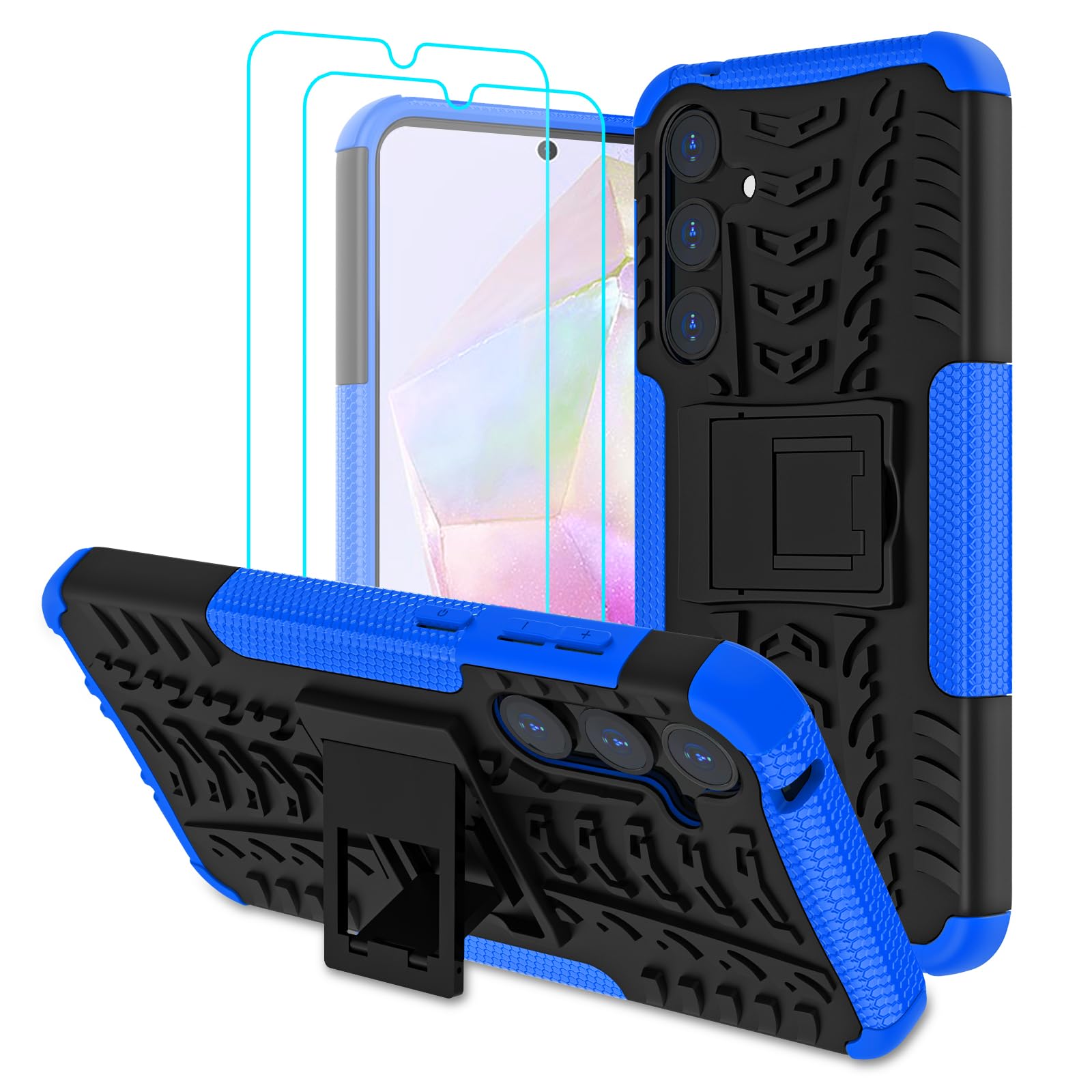 for Samsung A35 5G Case with 2 Pack Screen Protector, Dual Layer Military Grade Shockproof, Heavy Duty Robust Bumper Cover with Kickstand for Galaxy A35 5G Phone Case, Blue
