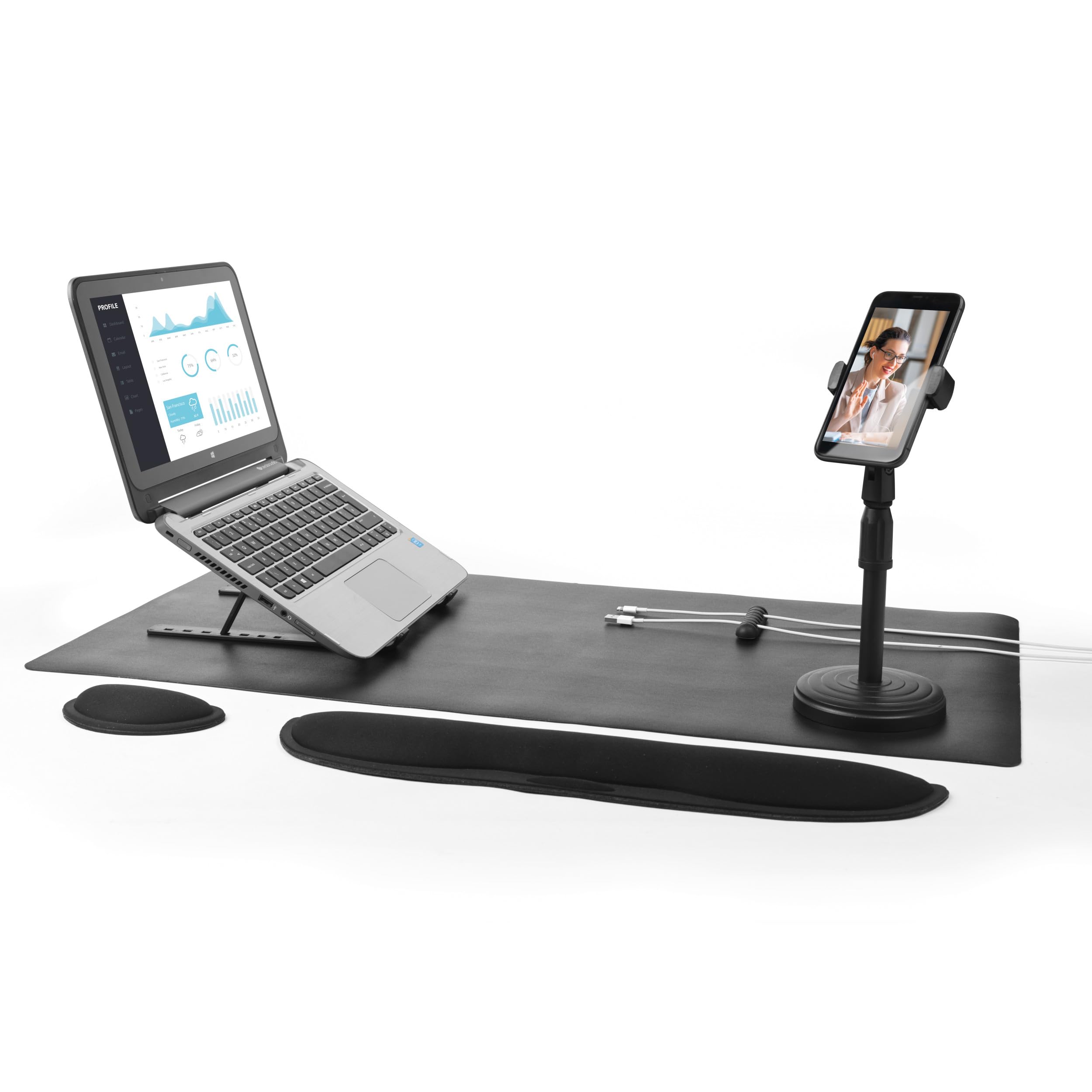 Intempo EE6800BLKSTKEU7 Home Office Accessory Set - 6 in 1 Working From Home Set Up, Includes Phone Holder, Laptop Riser, Desk Mat, 2 Wrist Supports & Cable Tidy, Desk Organiser Ideal for Video Calls