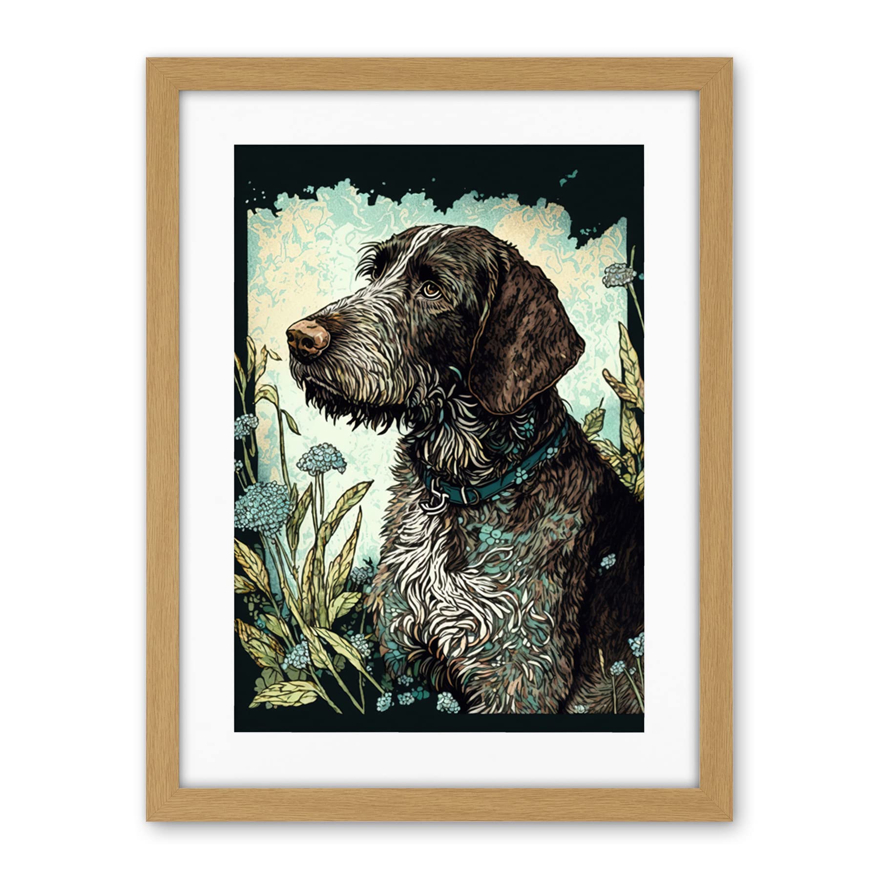 Artery8 German Wirehead Pointer Dog and Blue Wildflowers Modern Portrait Illustration Artwork Framed Wall Art Print 18X24 Inch