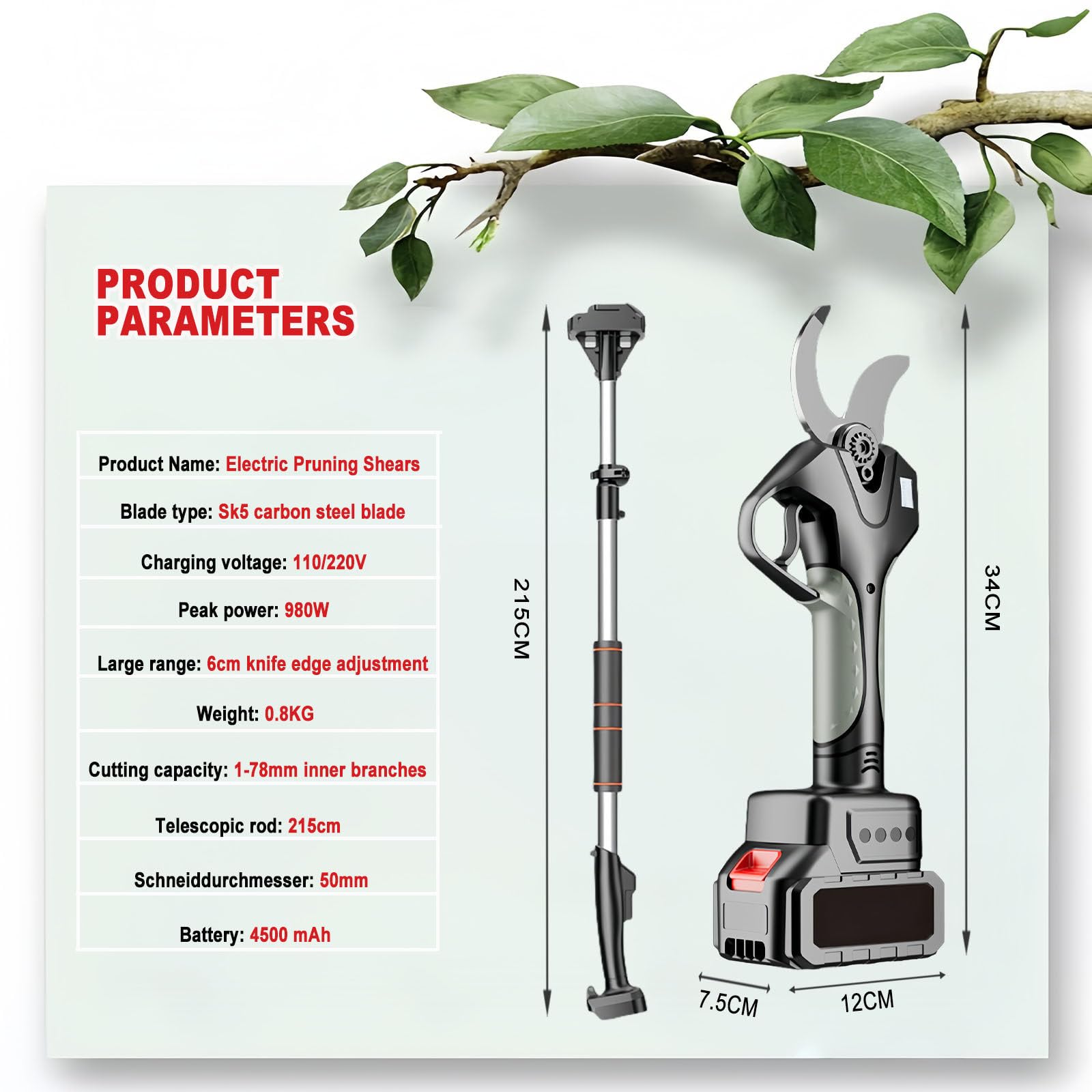 Tijeras De Podar Electricas con Pértiga,50mm Tijeras De Podar Telescopica Bateria 1-2 Baterías, Extender 2.15m, Potente Motor Sin Escobillas para Jardinería, Arboles Frutales 1battery