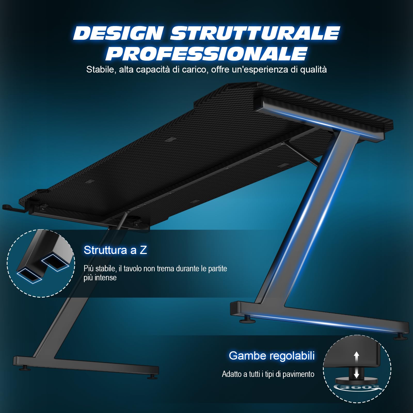 TRIUMPHKEY 120x60cm Scrivania Gaming/Tavolo Gaming - Piano in Carbonio Senza LED, Gambe a Z Ultra Resistente (100kg), con Gancio Cuffie, Design Moderno