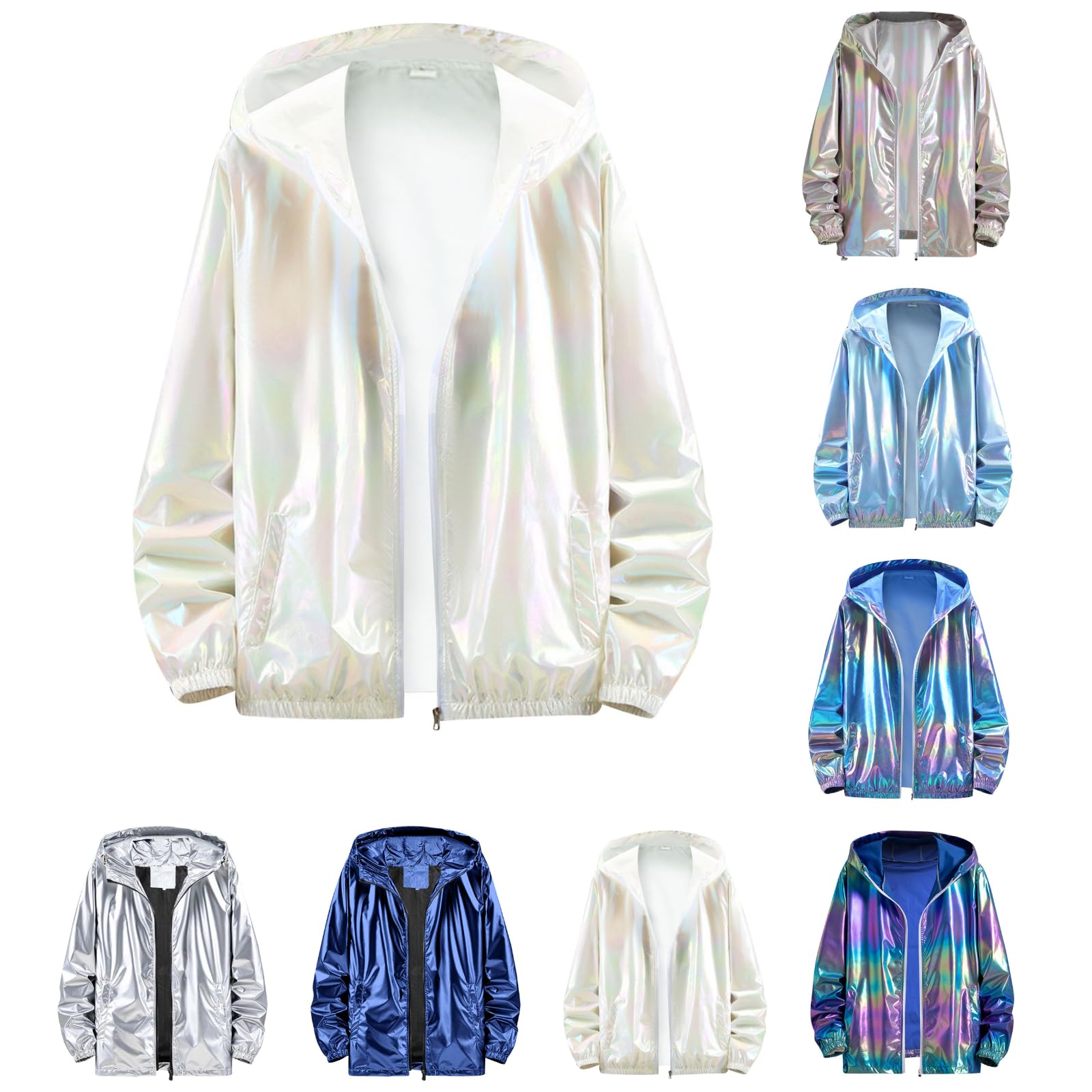 Silver Metallic Glitter Jacket Men Women Carnival Costume 80s 90s Disco Bomber Jacket with Hood Zip Sequins Vintage Sports Jacket Wind Jacket Long Sleeve Coat Winter Jacket Streetwear, White #3, S