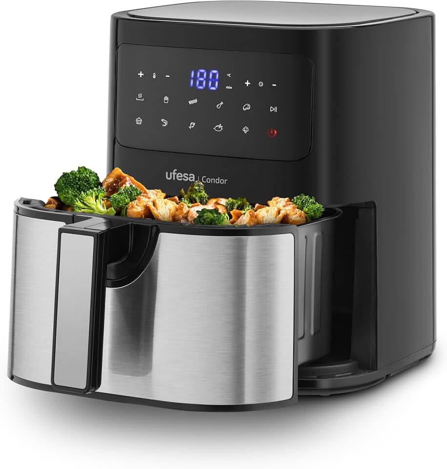 Ufesa Condor Freidora de Aire sin Aceite de 4.5L, Inox, 10 Programas, 1600W, Digital, Temporizador, Temperatura 80ºC - 200ºC, Sin BPA ni PFOA, Cubeta y Bandeja Anti-Adherentes
