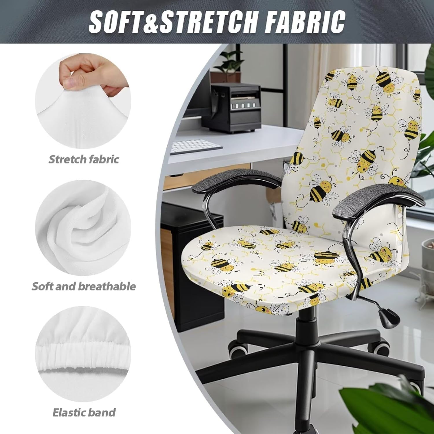 Wanyint Cute Bee Honeycomb Home Office Chair Cover for Armrest Chairs Universal Stretchable Rotating Boss Chair Slipcover Chair Protector Cover for Office Chair, L