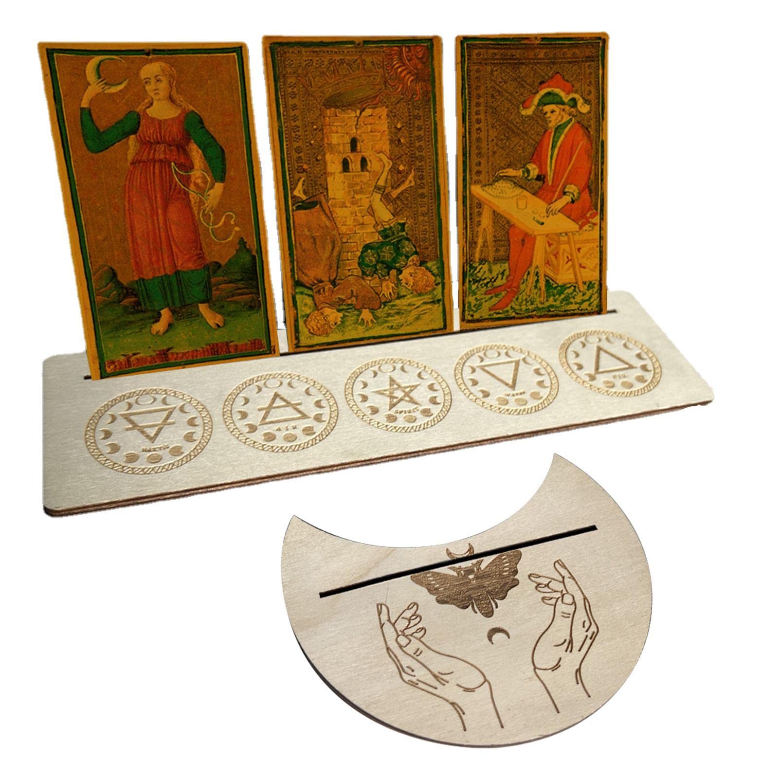 Zceplem 1 Wooden Tarot Card Stand Holder, Moon Shape Tarot Decks, Altar Decoration Rectangle Moon Shape Display Wooden Card Stand Oracle Witch Divination Tools