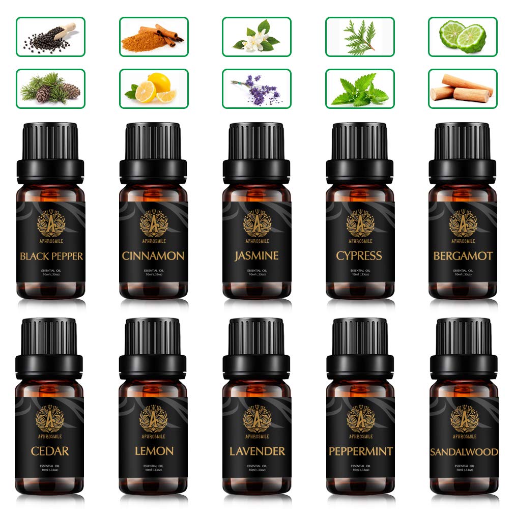 Aromatherapie schwarzer Pfeffer ätherisches Öl Set für Diffusor, 100% reine Zeder ätherisches Öl Kit für Hause, 10x10ml Zimt ätherische Öle Set-Zypresse, Jasmin, Sandelholz Öle...