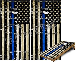 Cornhole Bag Toss Game Board Vinyl Wrap Skin Kit - Painted Faded and Cracked Blue Line USA American Flag (fits 24x48 Game Boards - Gameboards NOT Included)