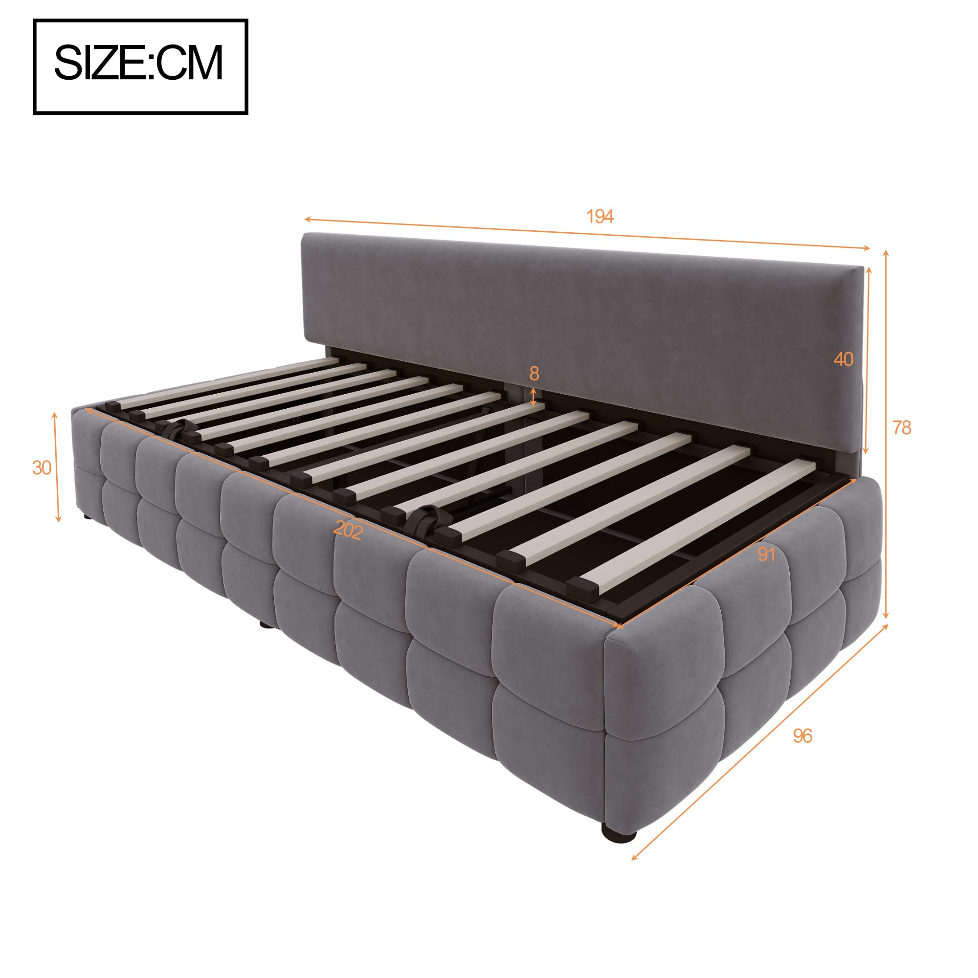Divano Letto Imbottito 90X200cm con Contenitore Idraulico, Letto Singolo Tessuto in Velluto, Rete a Doghe, Mobili Imbottiti Sofa Bed per Soggiorno, Camera da letto o Ufficio, Grigio scuro