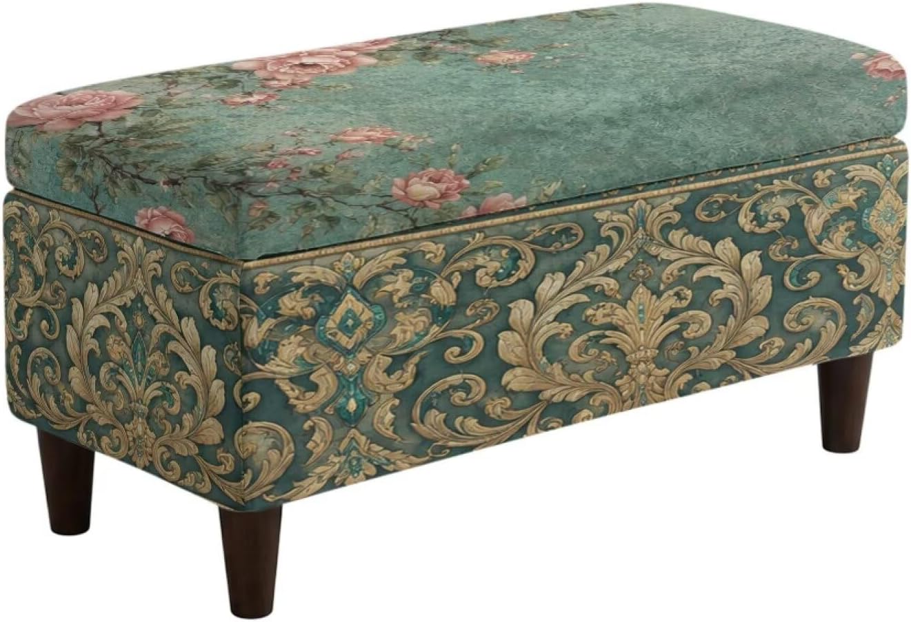 Vintage Peony Flower Print Stretch Ottoman Cover Ottoman Slipcover Footstool Protector Storage Ottoman Covers Furniture Protector Soft Rectangle slipcover with Elastic Bottom, Medium