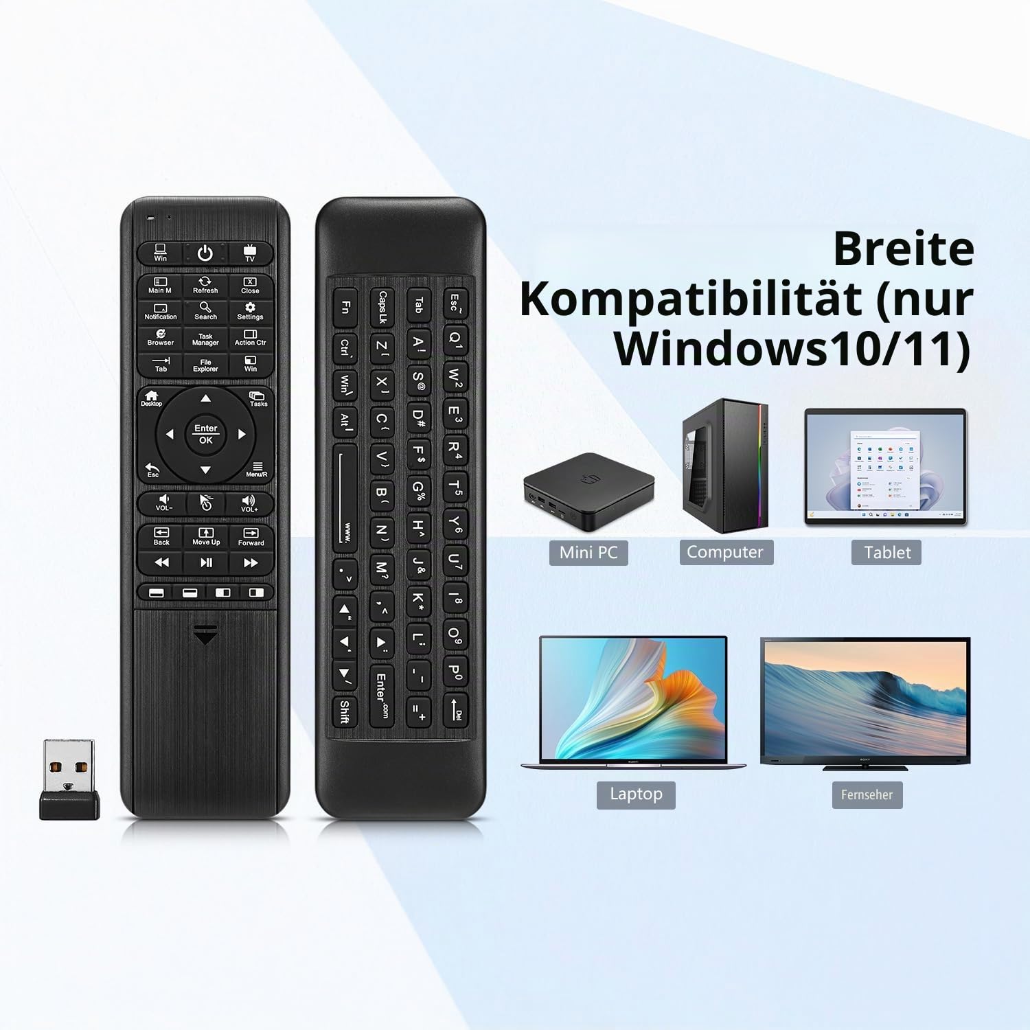 Pepper Jobs W10 Gyro LED-Hintergrundbeleuchtung Tastatur Fly Mouse QWERTY Tastatur für Windows 10, Mini PC (GLK-UC2X) Controller, 6-Achsen Gyro Air Remote W/Learning Fernbedienung Funktion