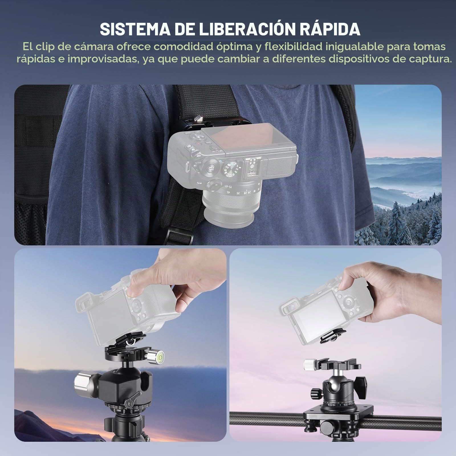 NEEWER Clip de Cámara Mochila con Placa QR Cuadrada, Pestillo Seguridad Mejorado, Clip Cinturón Cámara Liberación Rápida, Correa Mochila Compatible con Peak Design PD QR Canon Nikon Sony DSLR, GP67