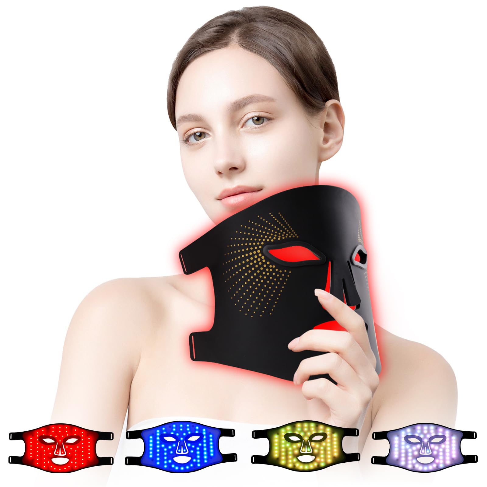 USUIELIGHT LED Face Mask Light Therapy, 4 Colours LED Mask Face with Red Light Therapy for All Skin Types Face Care Home Use Travel Use Black