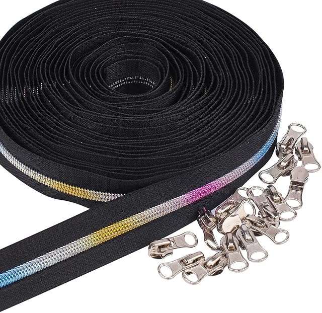 BENECREAT #5 Rainbow Metallic Nylon Zippers 10 Yards/9 Meters Black Tape with Gradient Zipper Teeth, 30PCS Alloy Zipper Pull Slider for DIY Craft Sewing Tailor (Head Size 28x11x9mm)