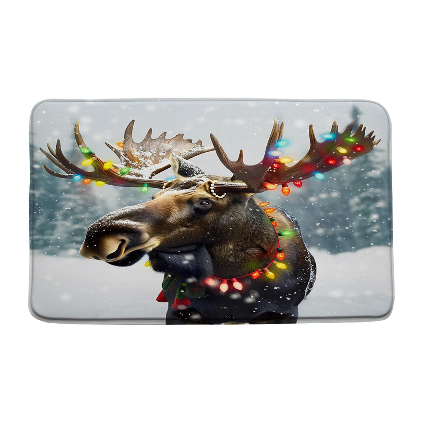 Christmas Deer Bath Mat Winter Forest Moose Colorful Xmas Rustic Elk Farmhouse Holiday Soft Plush Memory Foam Bathroom