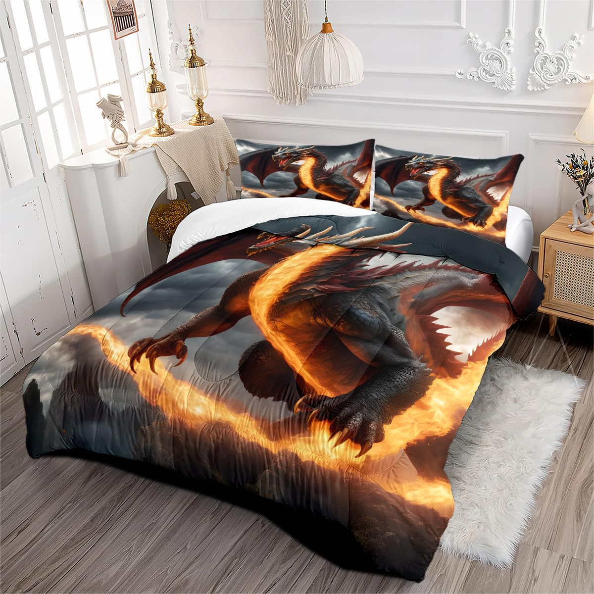 AUCOOMA Flying Dragon Print Design Comforter Set Queen,Comforter with 2 Pillowcases,Flying Dragon Print Design Comforter,All Season Use Bedding Set for Kids Boys Teens