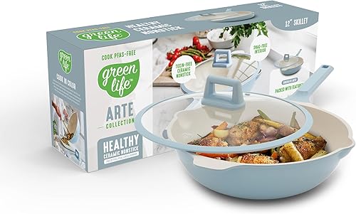 GreenLife Wok antiadherente de 12 pulgadas (5 cuartos de galón) con tapa, sartén multiusos de cerámica no tóxica sin PFAS, inducción, todo en