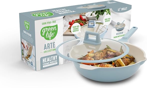 GreenLife Nonstick 12 5QT All in One Deep Skillet Wok with Lid, PFAS-Free Non-Toxic Ceramic Multi-Purpose Pan, Induction, All Stovetop, Egg, Stir Fry, Saute, Stay Cool Handle, Blue Haze