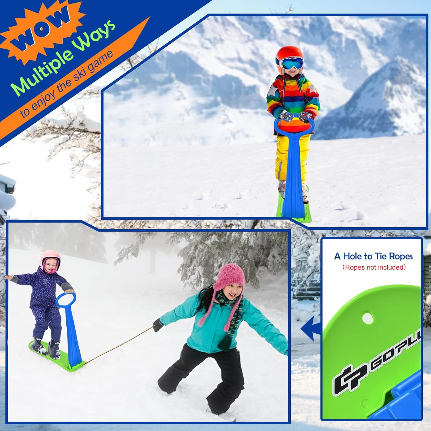 Goplus Ski Scooter Fold-up Snowboard, Snow Scooter W/Grip Handle, Sliding Snow Sled for Snow, Dune, Grass, Portable Kick Scooter Sled for Kids Toddlers Teenagers, Winter Toys