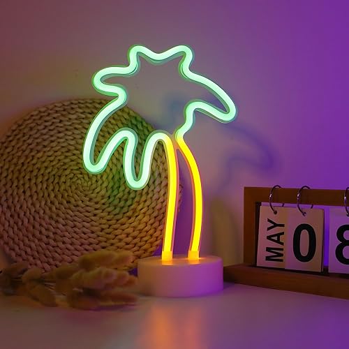 Miniatura 7 de ENUOLI Letreros de neón de palmera de coco LED con batería, alimentados por USB, luz de neón con base de soporte para suministros de fiesta,