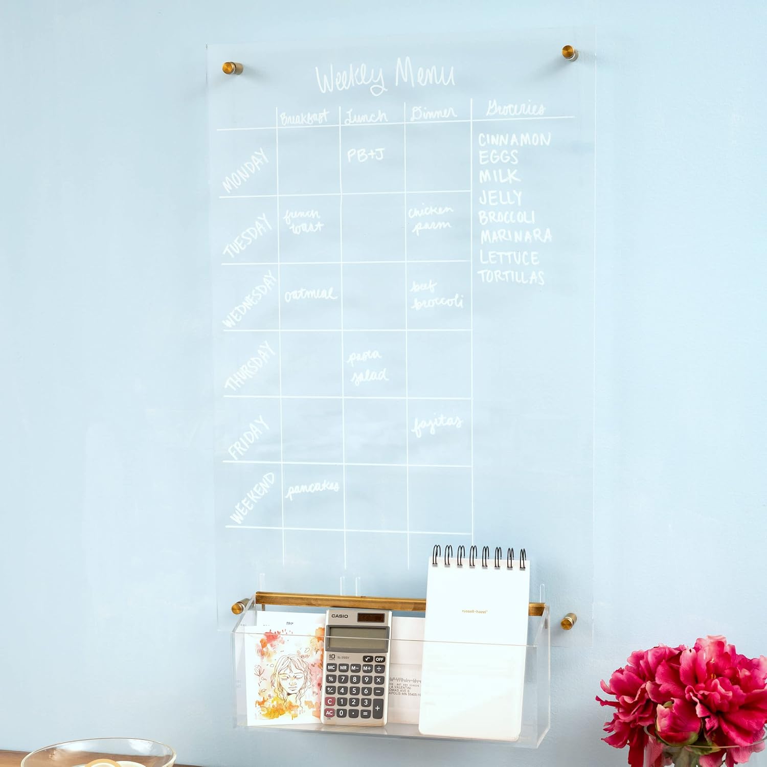 russell+hazel Acrylic Wall Memo Board, Home and Work Office Supplies, 15.75” W x 24” L x 0.25” H, with 2 Markers, Clear (62858)