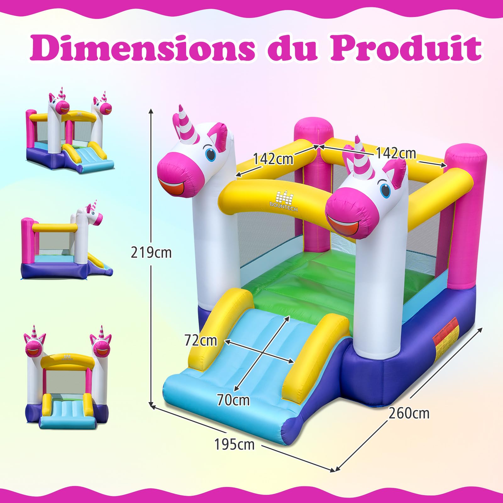 COSTWAY Château Gonflable sur Thème Licorne avec Toboggan et Maison de Saut, Aire de Jeux Gonflable en Tissu Oxford avec Sac de Transport, Intérieur Extérieur jusqu'à 2 Enfants de 3-12 Ans