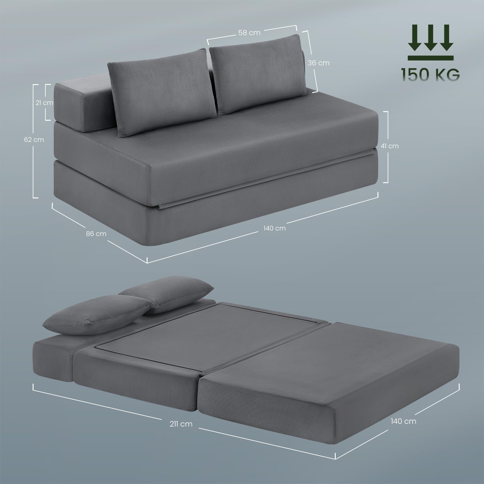 EUGAD Canapé Convertible 2 Places, Canapé Lit, Chauffeuse, Gris Foncé | Design Pliable, avec 2 Coussins, en Velours Côtelé, Mousse, pour Salon, Bureau, Appartement, 86P x 140l x 62H cm