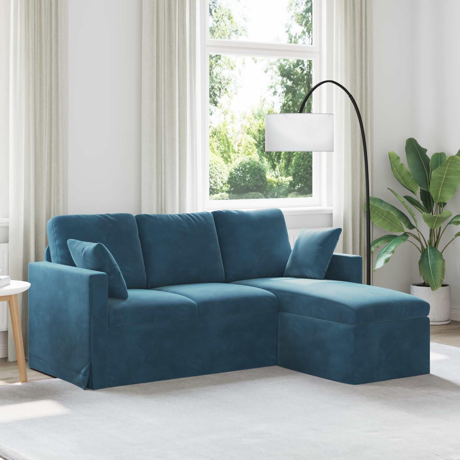 Divano blu 178 x 134 x 80 cm in velluto con telaio in metallo e braccioli in legno, piccolo divano ergonomico per soggiorno e lounge mobili esterni, comodo divano per momenti di relax
