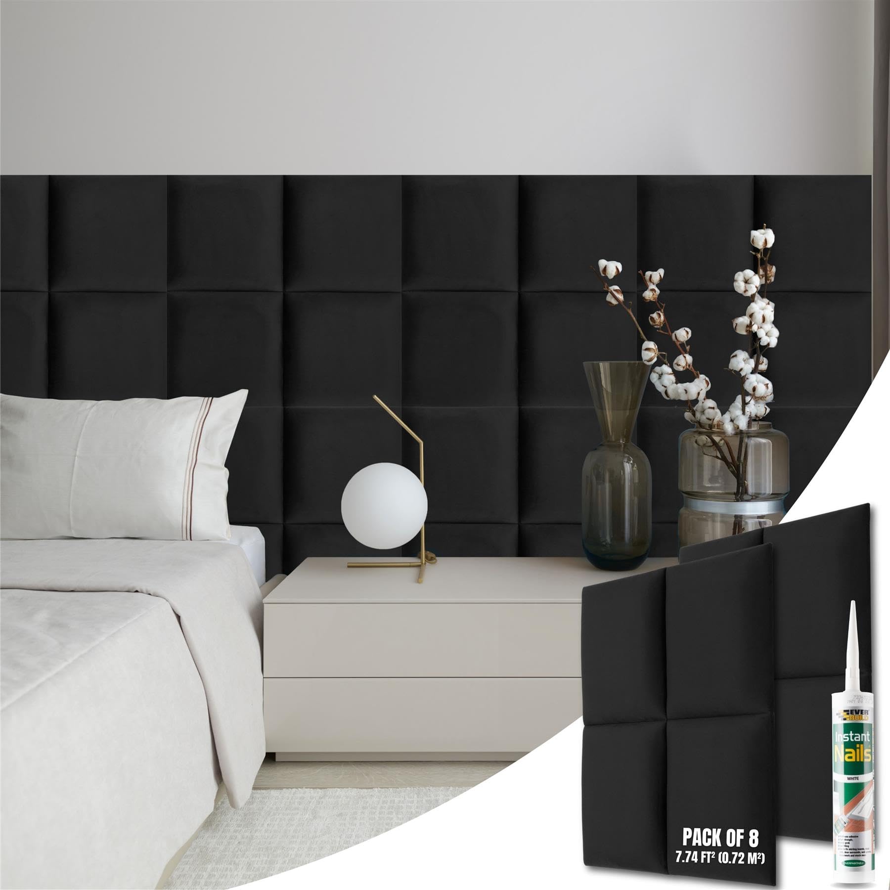 NOVECRAFTO Velvet Padded Wall Panels Set of 8 - Black Upholstered Anti-Collision Panels with Adhesive - H11.8 x W11.8 (30x30cm) Cushioned Paneling for Beds, Kids Room, Hallways & Feature Walls โ image 1