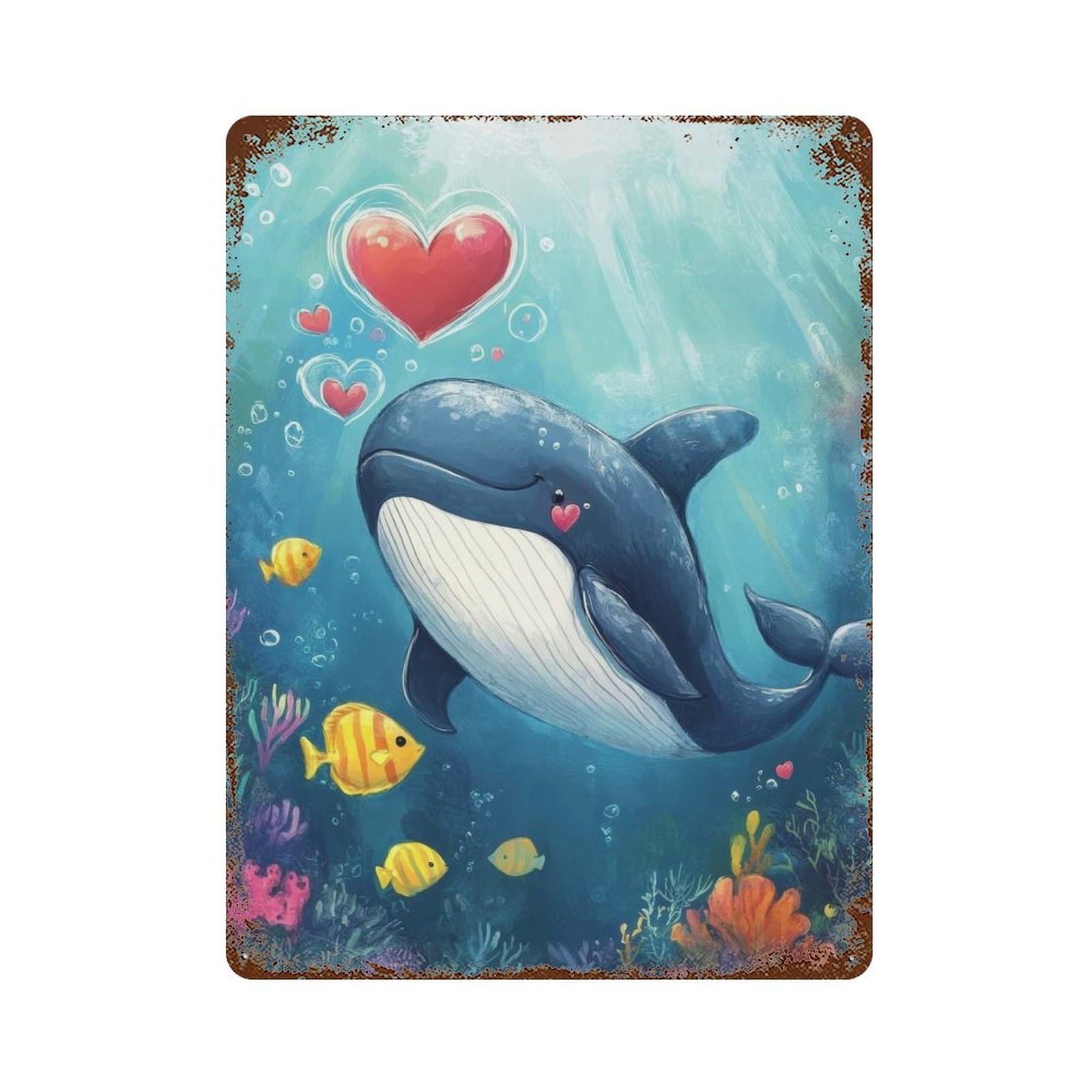 Whale in Love Decorative Tin Sign 15.7"x11.8", Retro Wall Decor for Living Room, Hallway And Home Decor