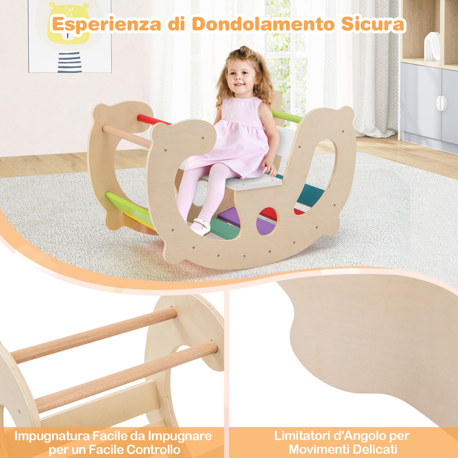 COSTWAY 2 in 1 Arco da Arrampicata per Bambini, Arrampicata ad Arco con Dondolo Schienale e Sedile, Cavallo a Dondolo in Legno per Bambini 1 Anni +