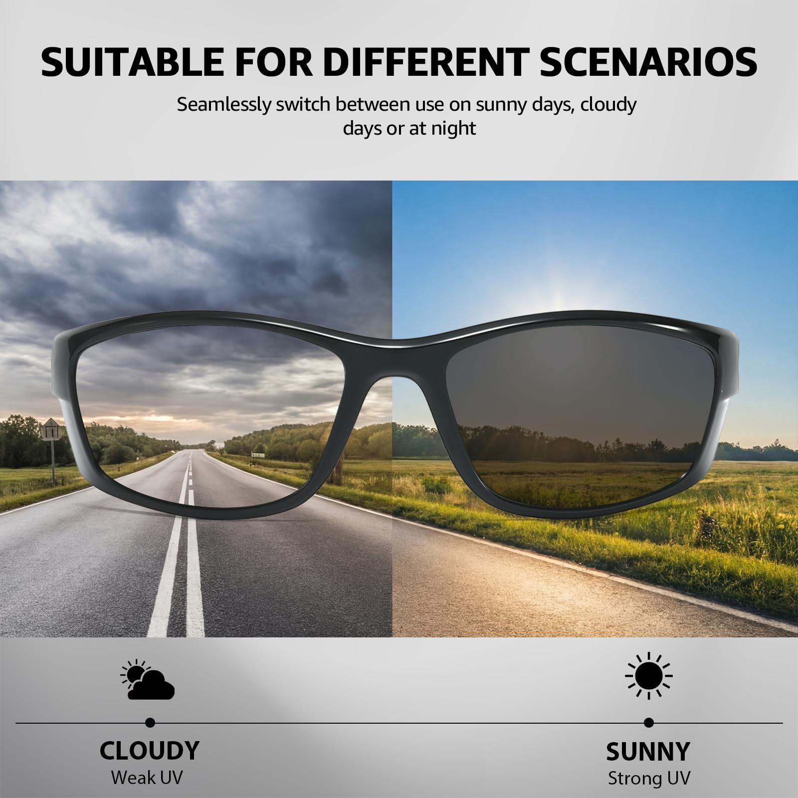 Myiaur 2er Pack Fahrradbrille Selbsttönend Damen Herren Photochrome Polarisierte Wrap-Around Sonnenbrille mit UV400 für Fahrrad Sport - 4