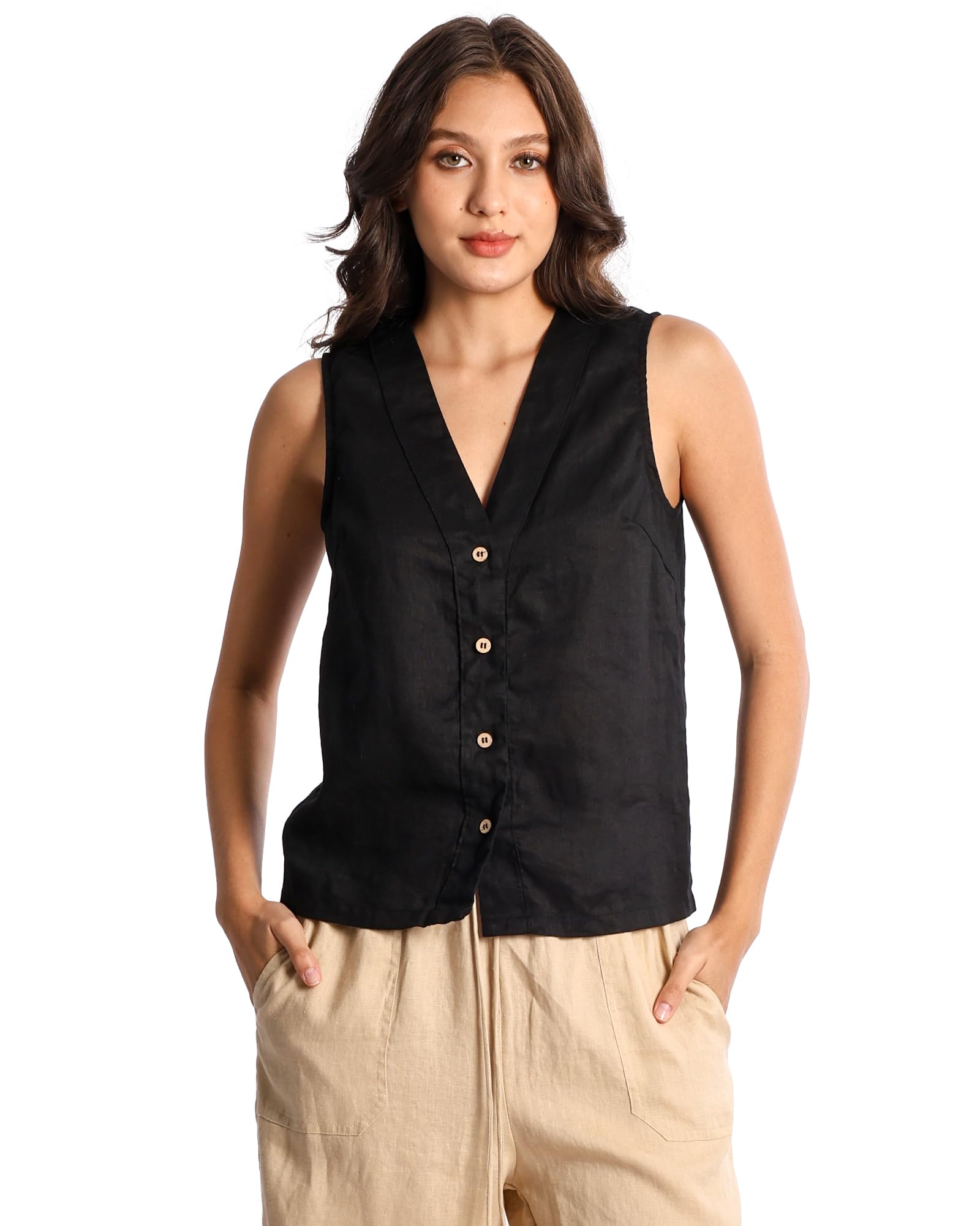 Womens Pure Linen V Neck Sleeveless Button Down Mid Length Casual Vest
