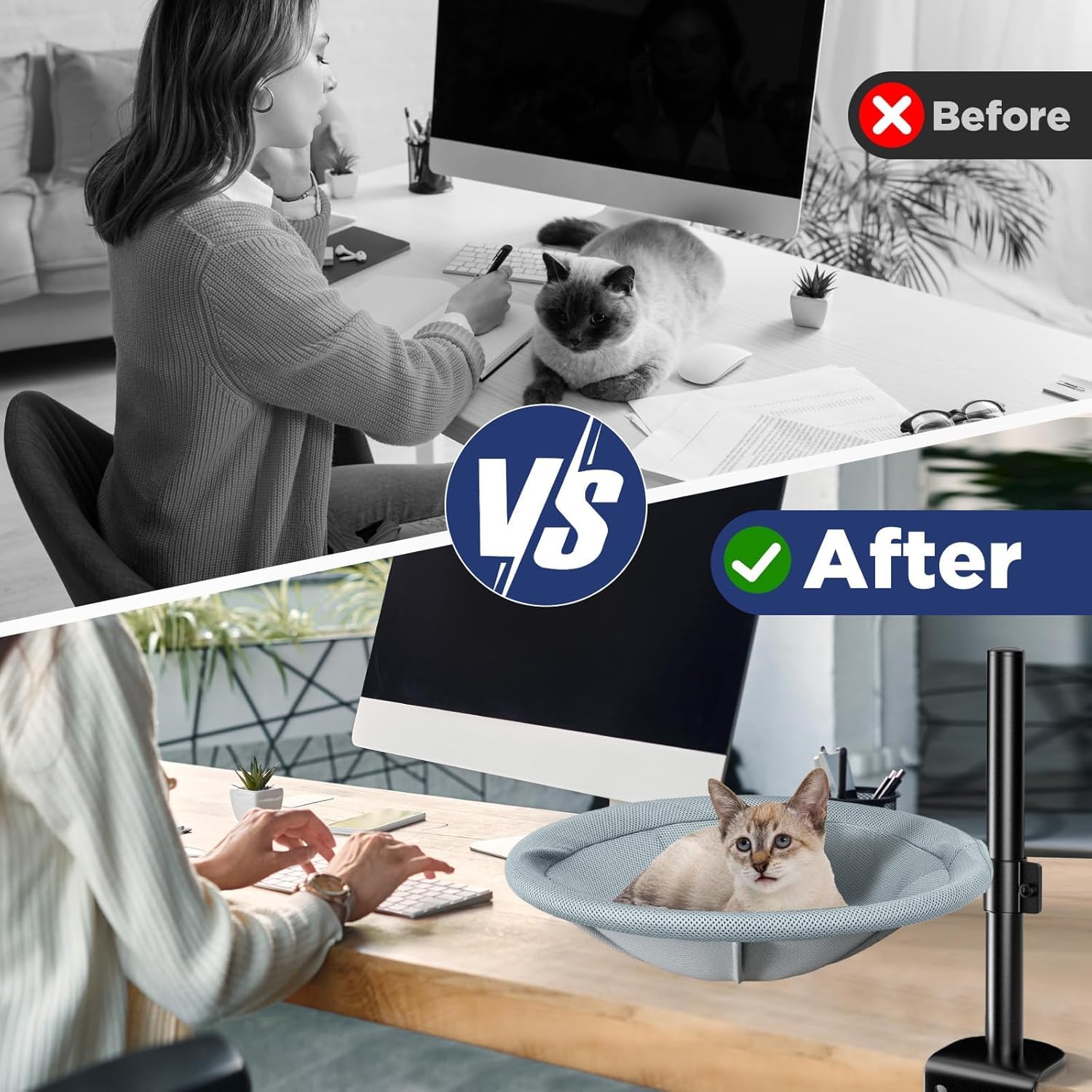 سرير للقطط - سرير مكتب للقطط قابل للدوران 360 درجة وارتفاع قابل للتعديل، سرير قطط متين للمكتب مع غطاء قابل للازالة والغسل يدعم حتى 60 باوند، مثالي للقطط الداخلية