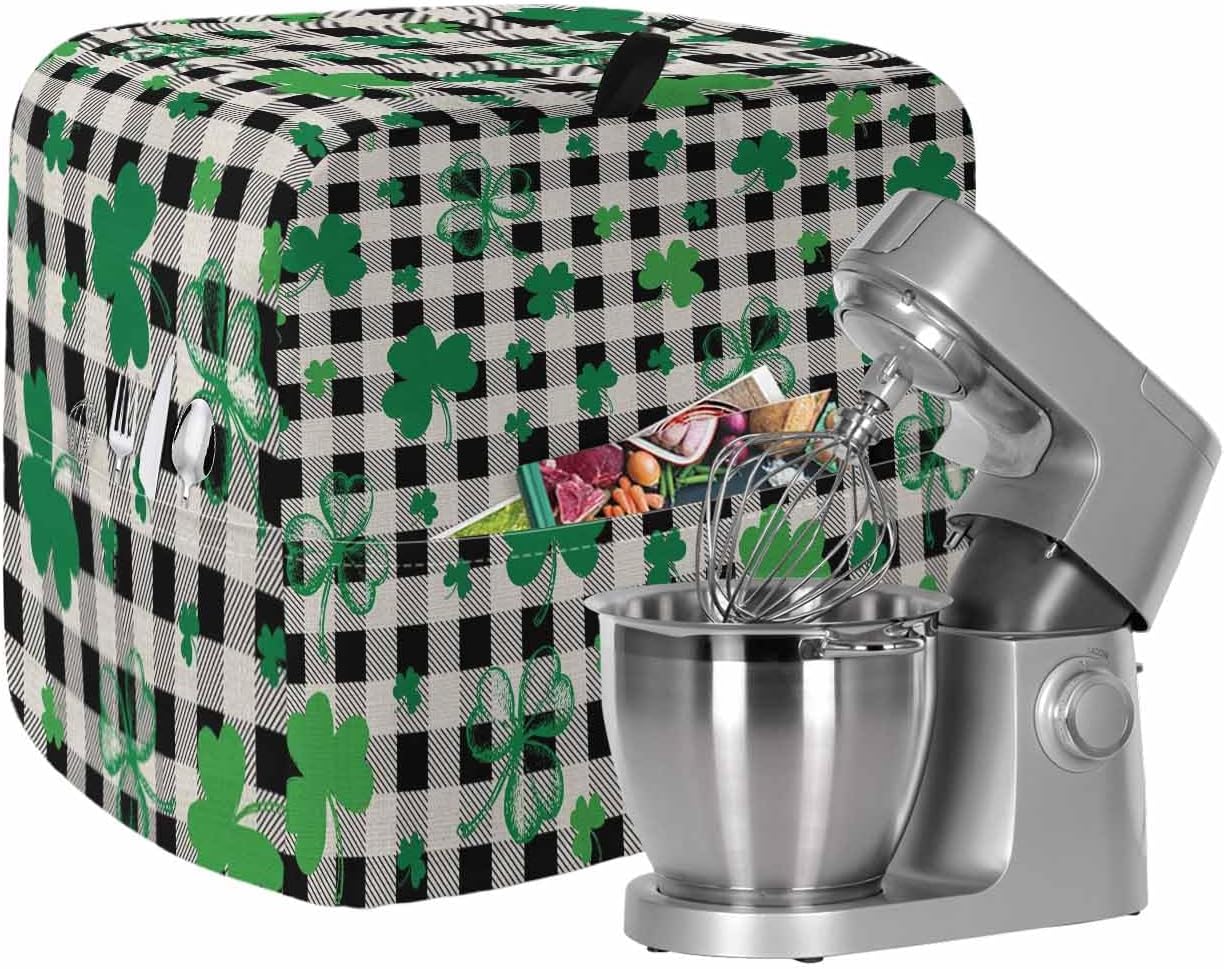 St. Patrick's Day Stand Mixer Cover with Storage Pocket, Waterproof Kitchen Mixer Covers, Spring Green Shamrock Black Plaid Beige Kitchen Appliance Dust Cover Compatible with 4/4.5 Quart Mixers