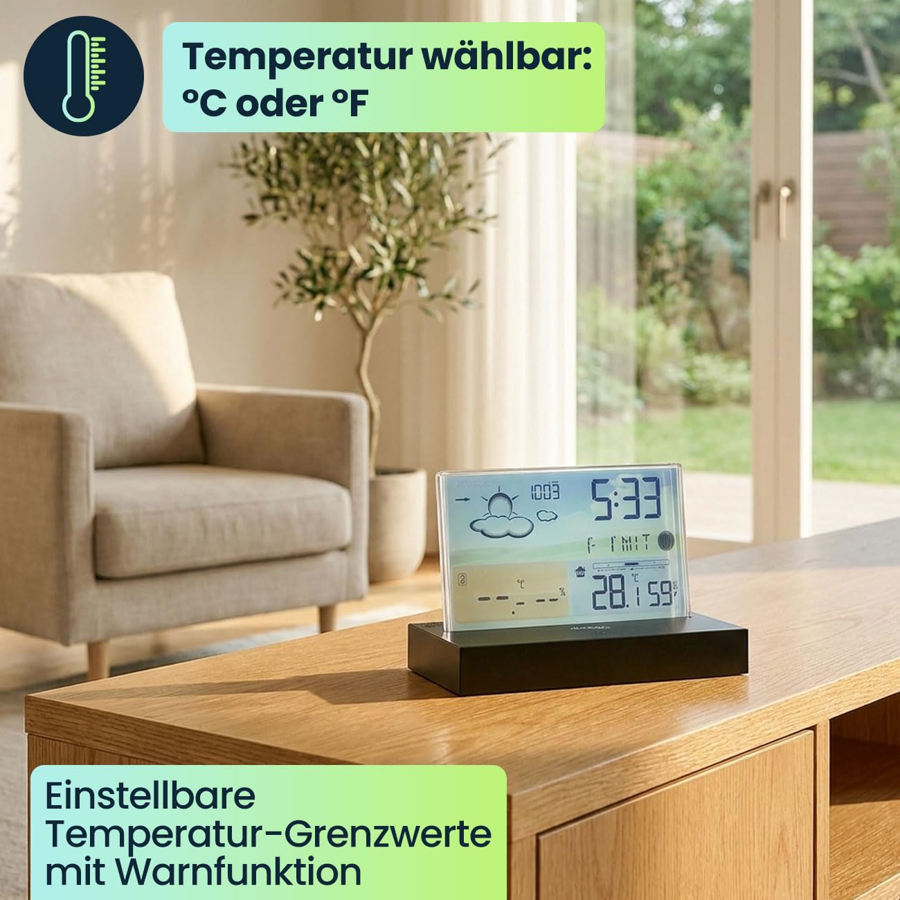 ideoon Moderne Funk-Wetterstation farbig: Rahmenloses LCD-Display für präzise Wetterprognose & Hygrometer – Mit Aussensensor
