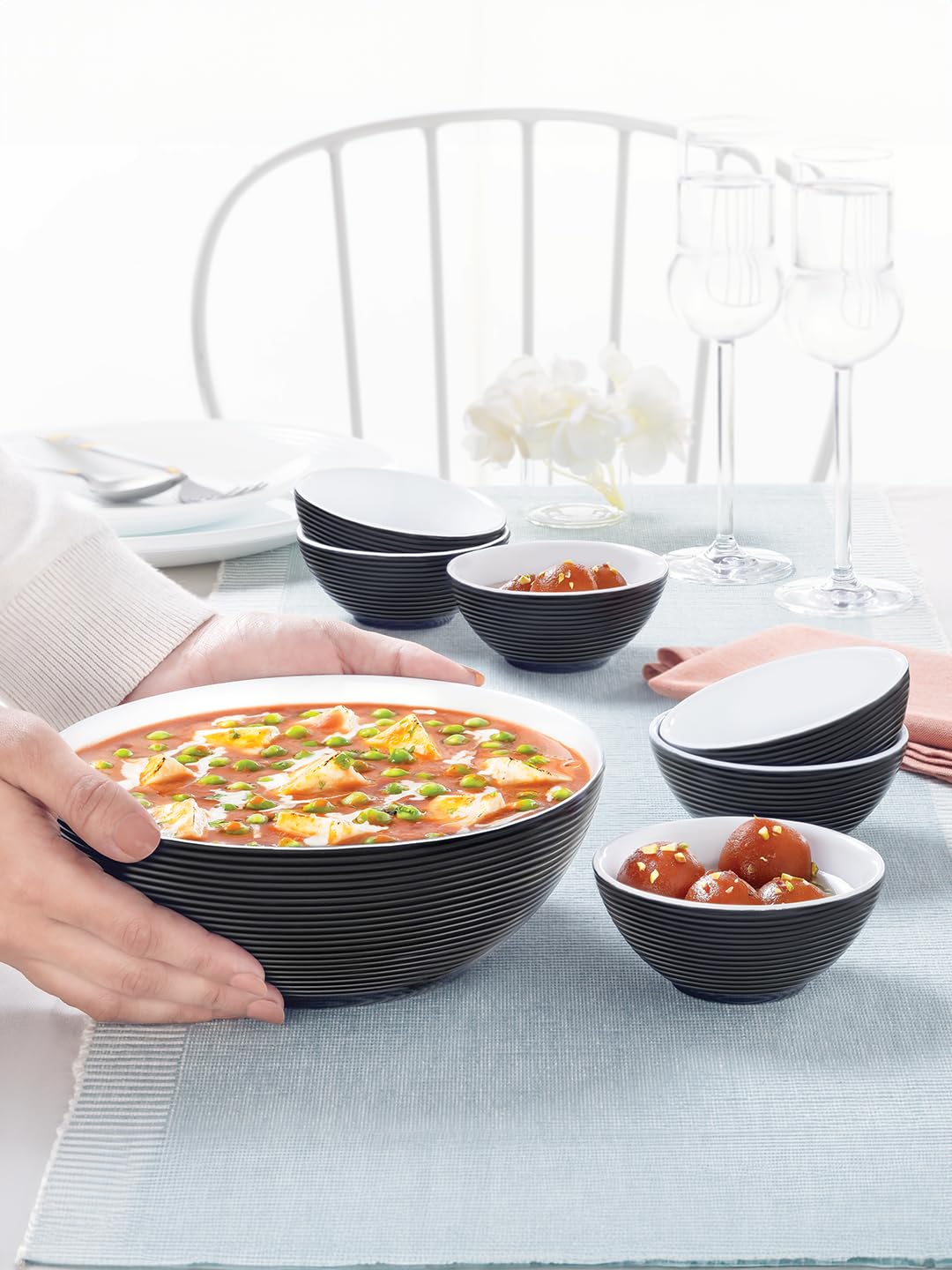 Larah by BOROSIL Black Orbit Series Opalware 7 Pcs Pudding Set