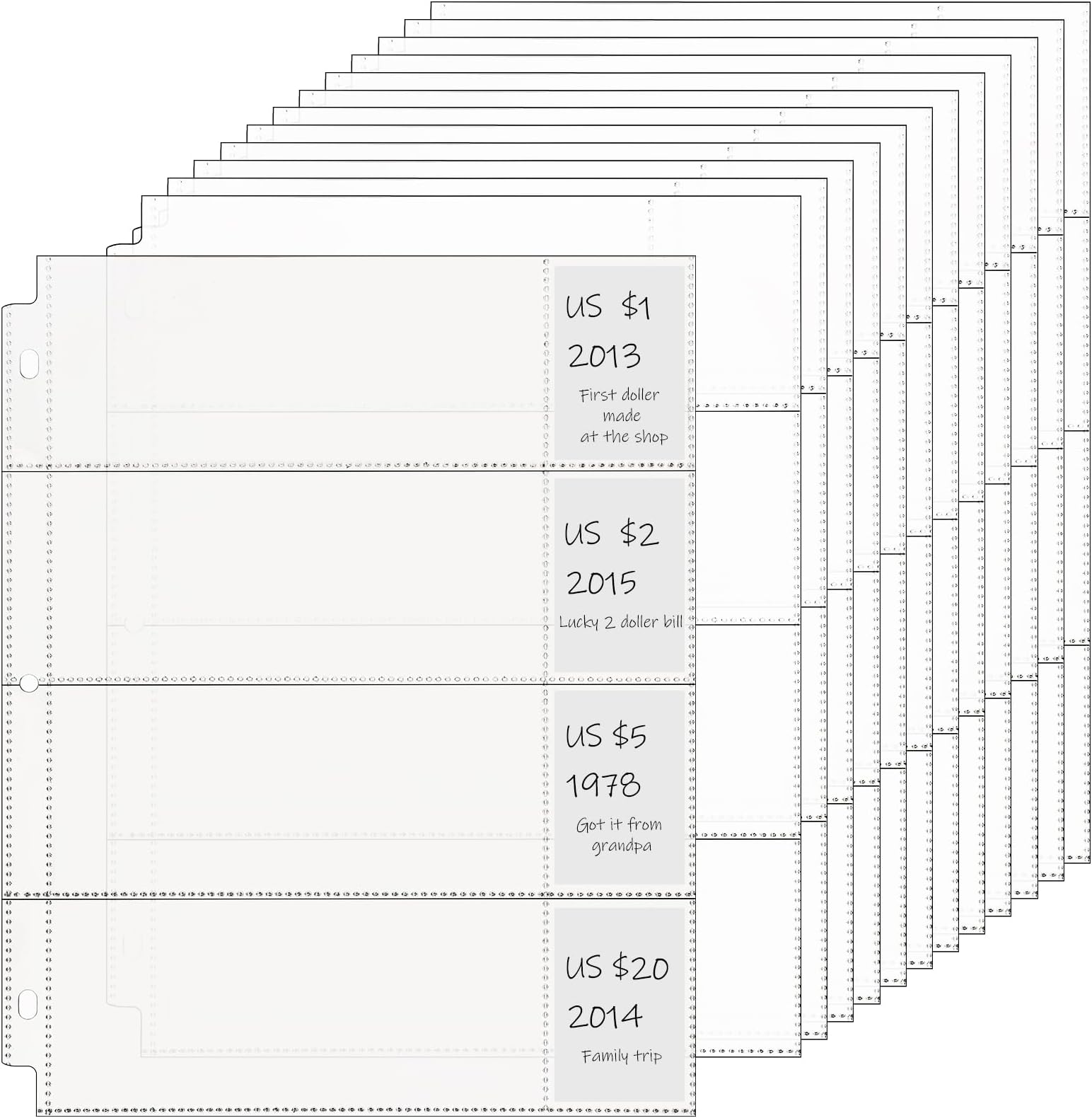 Chengu 48 Pcs 4 Pocket Currency Sleeves for 3 Ring Money Binder Clear Currency Album Dollar Bill Sleeves Holders Collection Binder Plastic Sheet Protectors for Collectors Receipt Record Card Banknote