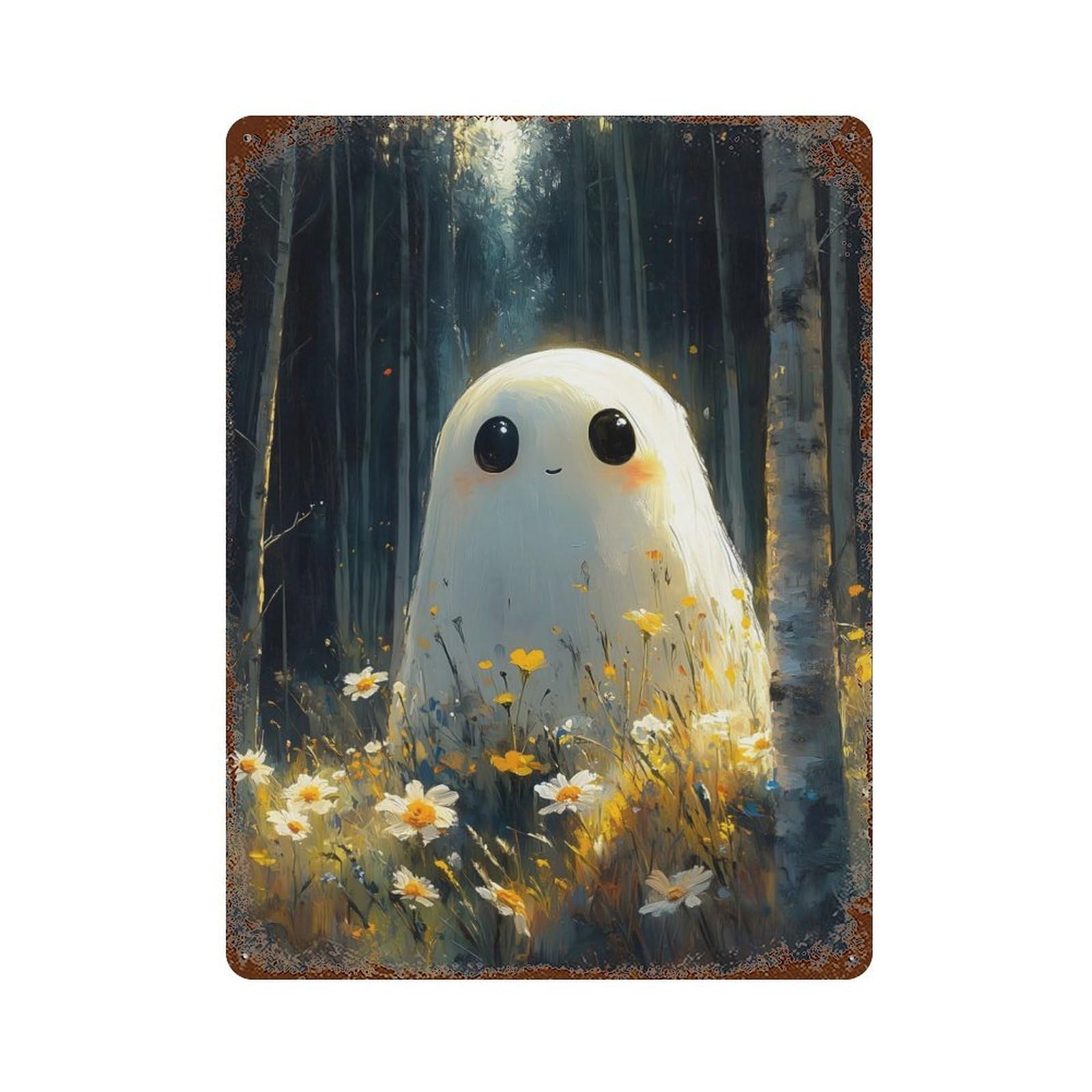 Rusty Metal Tin Sign with Friendly Forest Ghost Design 15.7"x11.8", for Farmhouse, Kitchen And Entryway Decor, Rustic Home Decor
