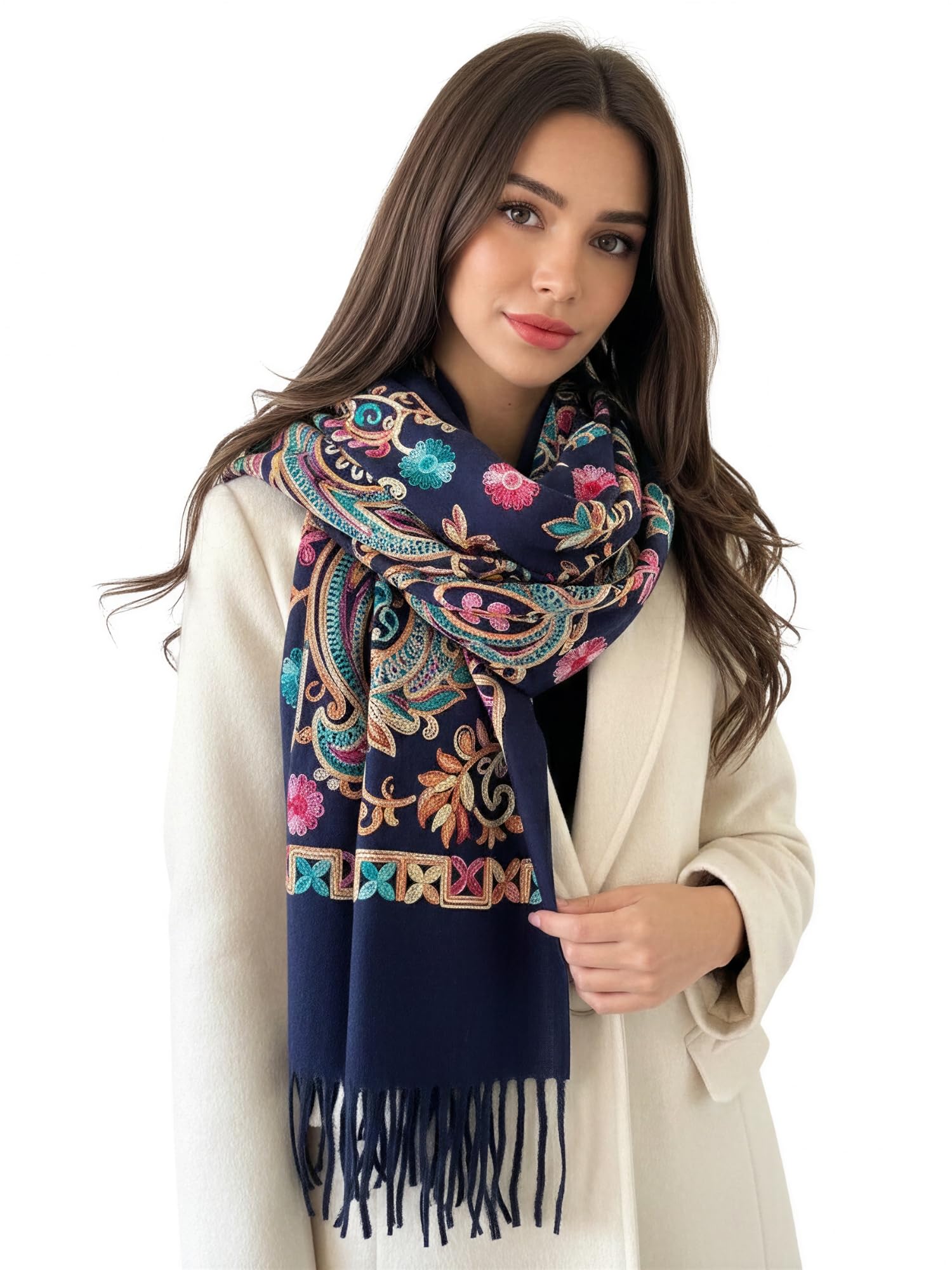 Women Pashmina Scarf Shawl Wrap, Large Long Paisley Floral Rainbow Ladies Scarves, Wearable Winter Blanket Scarfs, Indian Shawl Wedding Evening Stole, Cashmere & Cotton (Navy Rainbow Paisley)