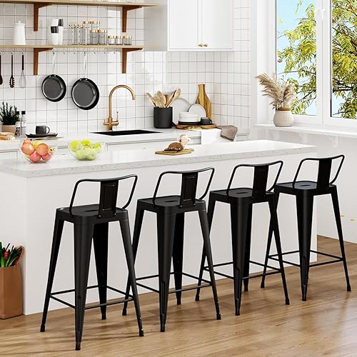 Metal Bar Stools Set of 4 Barstools Indoor/Outdoor Counter Height Bar Stools Bar Chairswith Back Counter Height for Kitchen Island Dining Room (Black, 26inch)