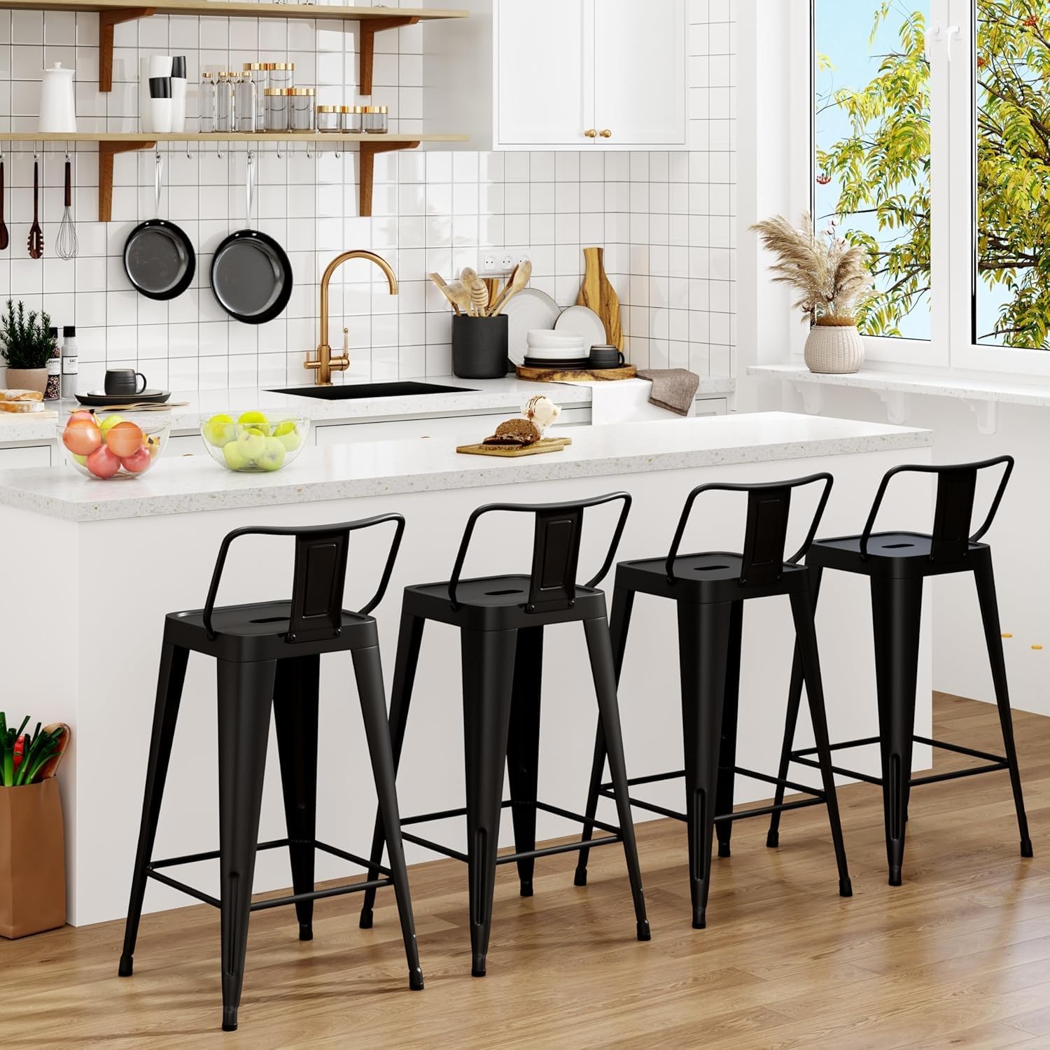 Arlunar home Metal Bar Stools Set of 4 Barstools Indoor/Outdoor Counter Height Bar Stools Bar Chairs with Back 24" Counter Height for Kitchen Island