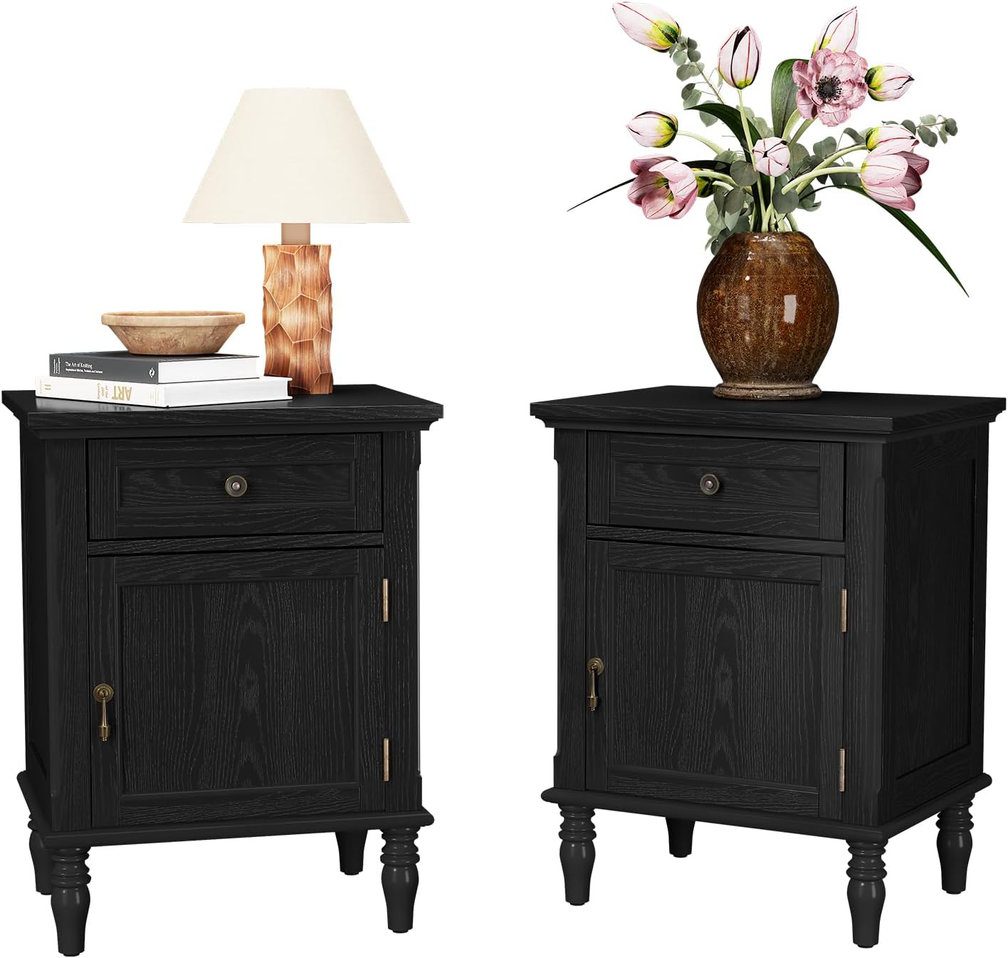 ARTPOWER Nightstands Set of 2 for Bedroom, Retro Wood Night Stand with Drawer, Bedside Table with Storage, End Side Table, Black